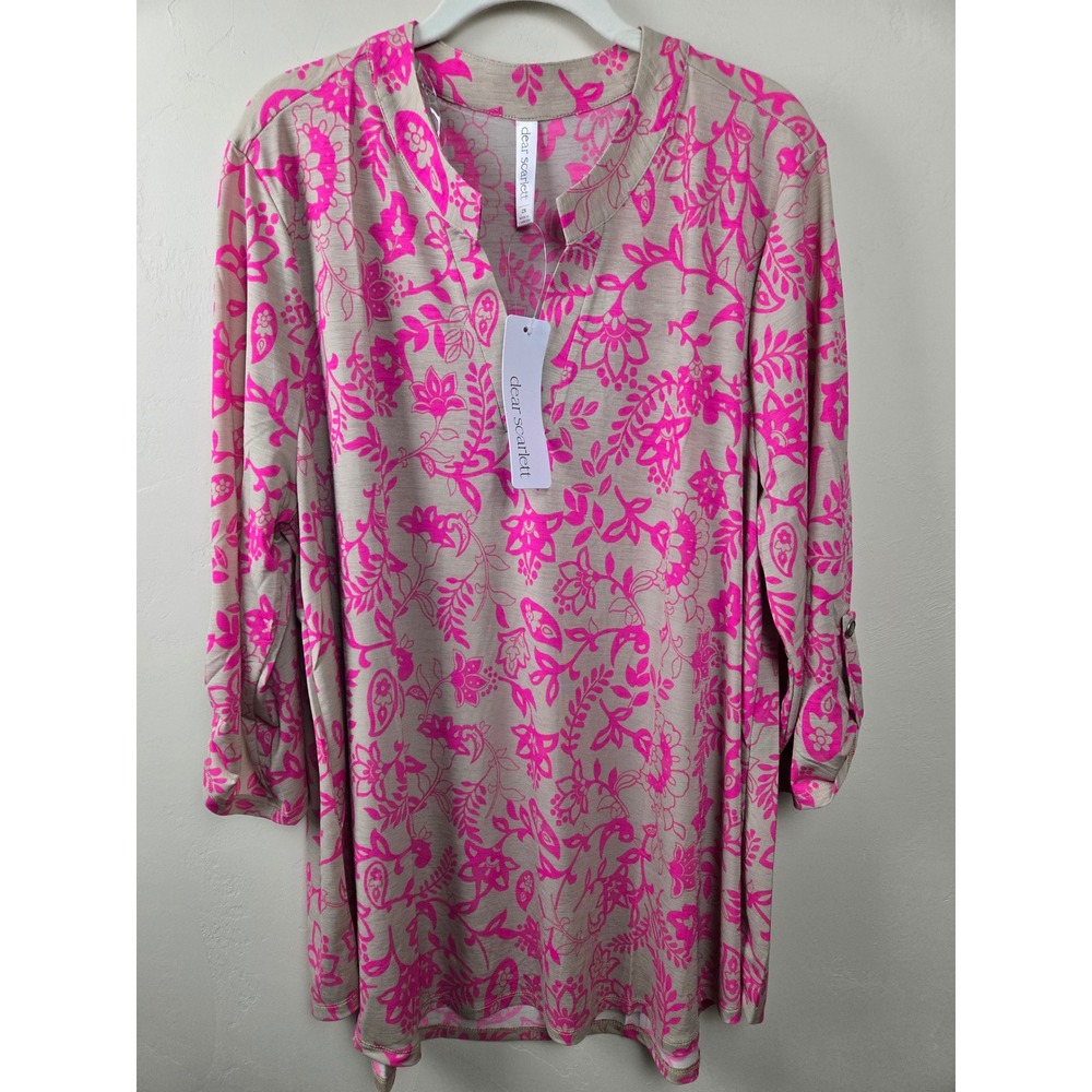 Dear Scarlett Pink Floral Paisley Split Neck Roll Tab Sleeve Tunic Top 2X NEW